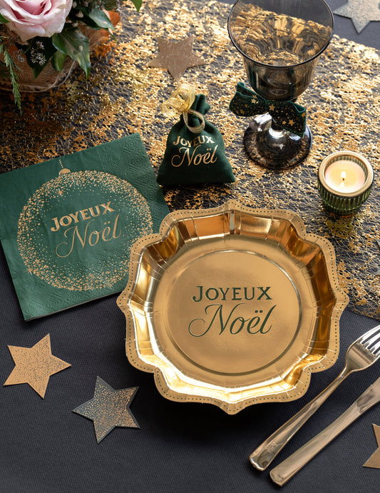10 assiettes Noël Étincelant or et vert sapin 21 x 21 cm