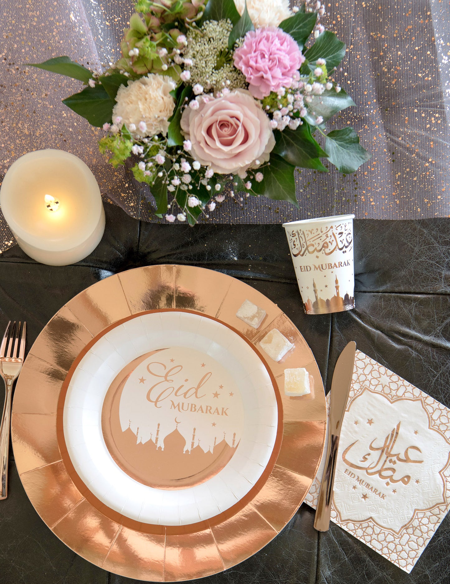 10 ružovo-zlatých kartónových pohárov na Eid Mubarak, 27 cl, na Eid