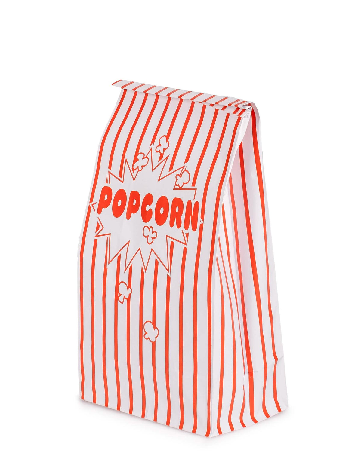 Bočný pohľad na papierové vrecko na popcorn do kina s bielymi a červenými pruhmi
