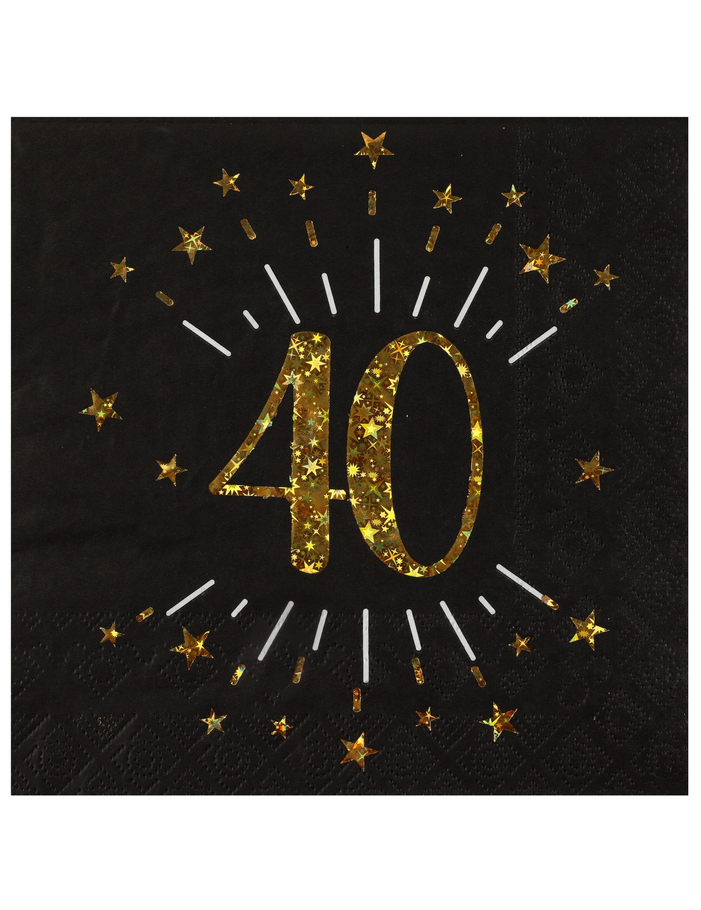10 čierno-zlatých papierových obrúskov „Happy Birthday 40“ so zlatými hviezdičkami