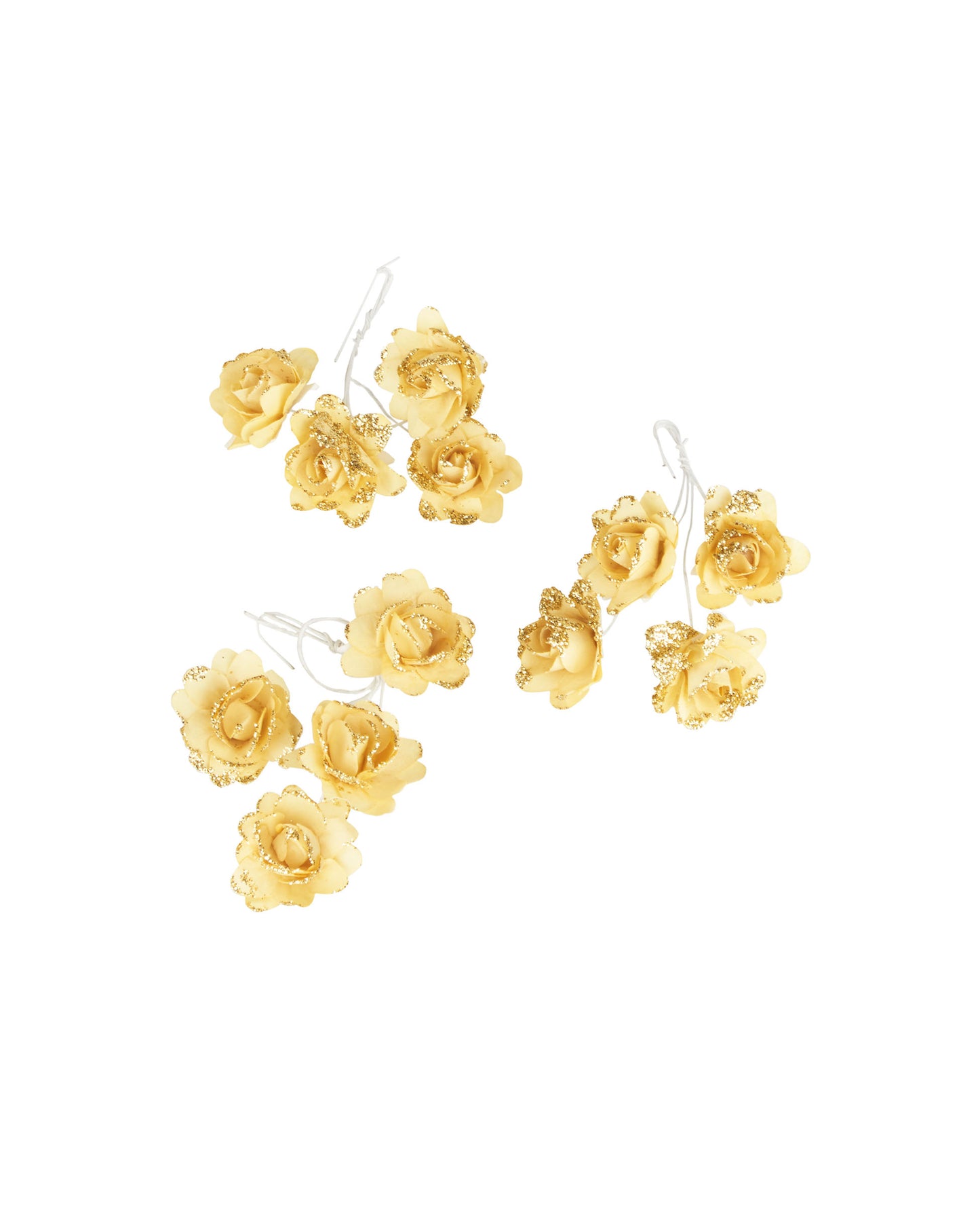 12 zlatých trblietavých papierových kvetov 9 cm s flexibilnými stonkami