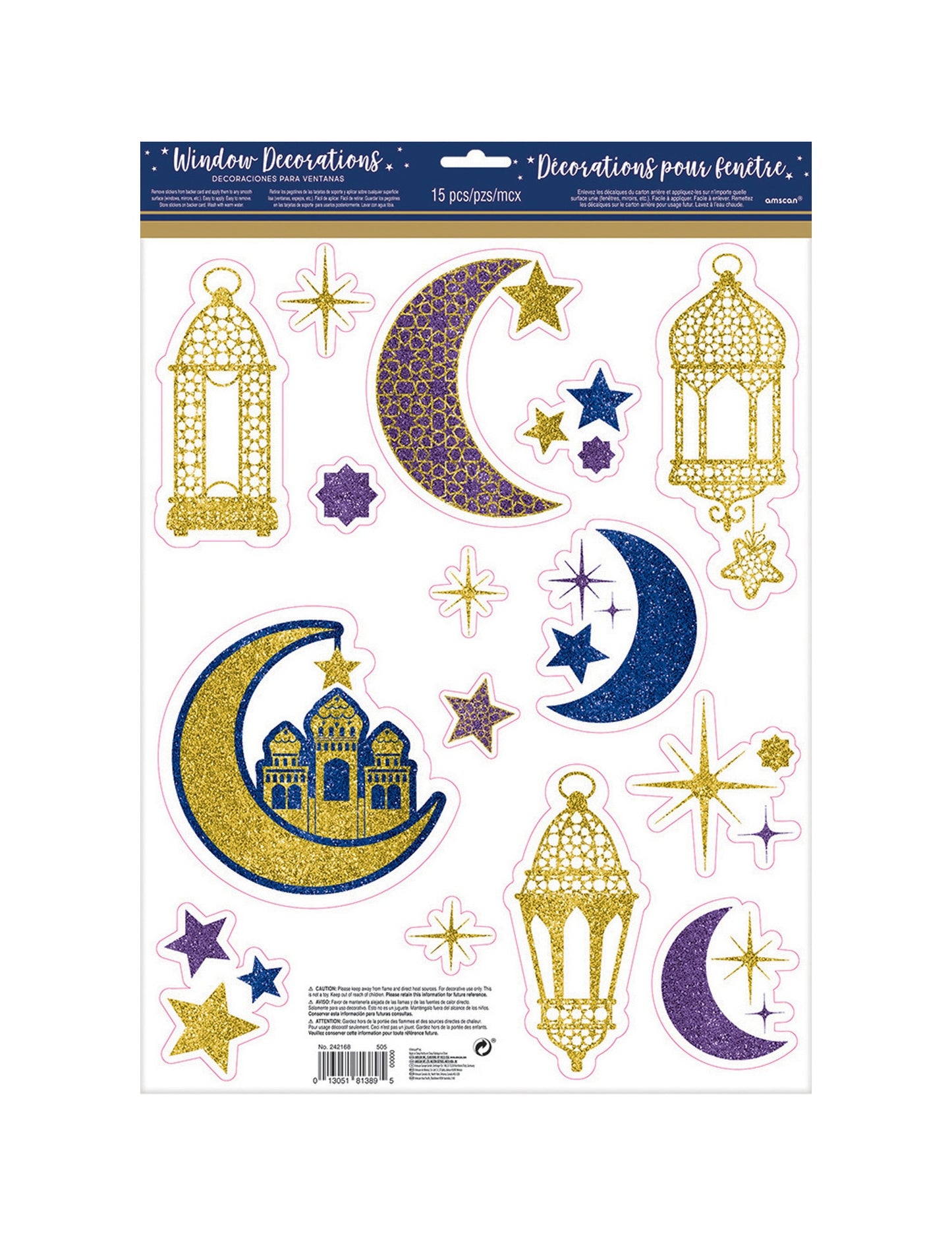 15 trblietavých okenných dekorácií na sviatok Eid Mubarak, 43 x 30 cm opakovane použiteľné