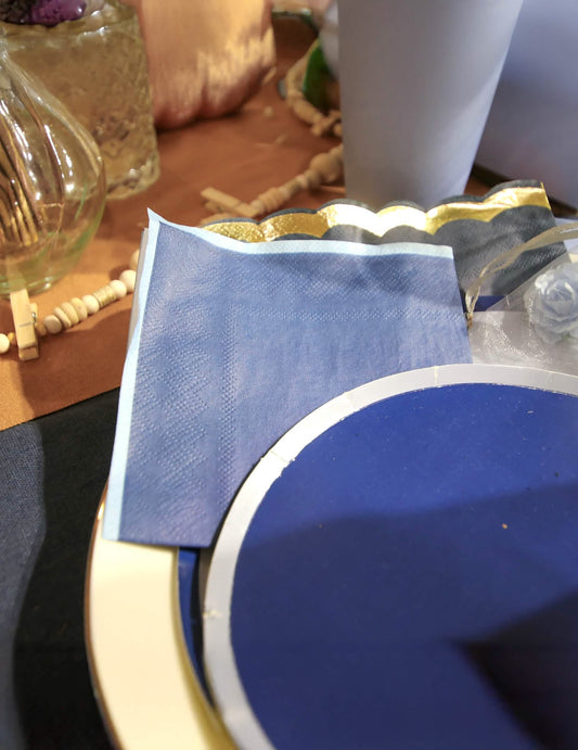 Serviettes cocktail décoration de table bleu marine et bleu orage bi-color