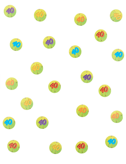 Gros plan sur les motifs circulaires du confettis de table 40 ans