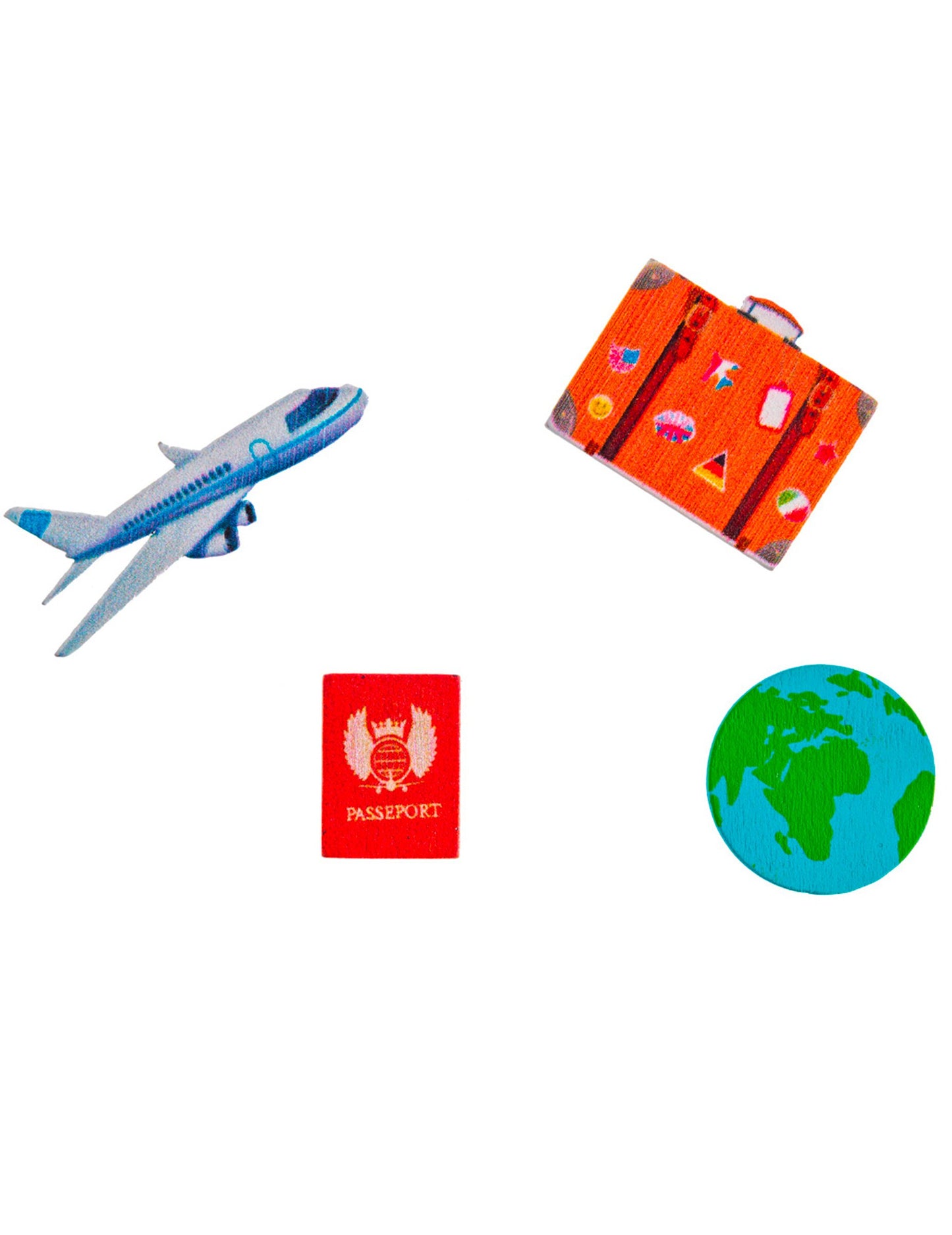 16 drevených konfiet na stôl, kufor s glóbusom v tvare lietadla