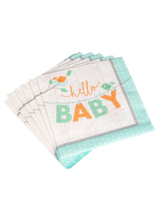 Vue de plusieurs serviettes en papier hello baby oiseaux pour baby shower