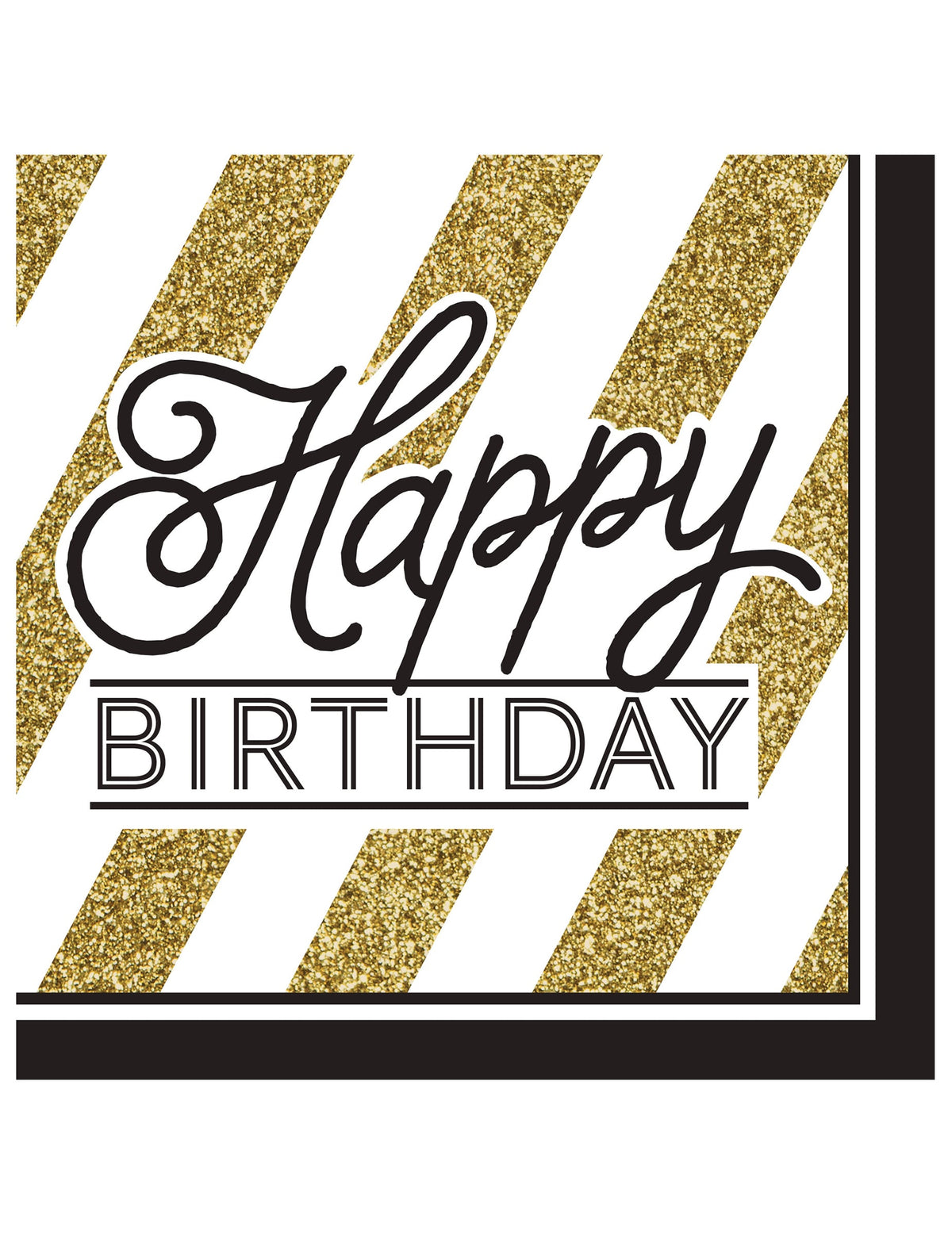 Serviettes en papier Happy Birthday pour anniversaire noires et dorées à rayures pailletées