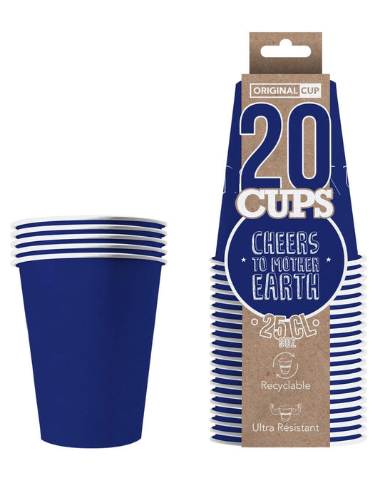 Vue de l'emballage et de la pile des gobelets américains en carton recyclable pour fête