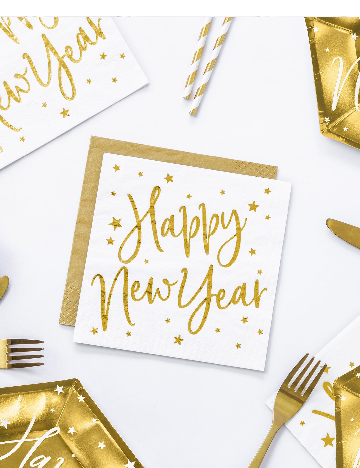 20 bielo-zlatých papierových obrúskov s nápisom Šťastný Nový rok, 33 x 33 cm cm hviezda