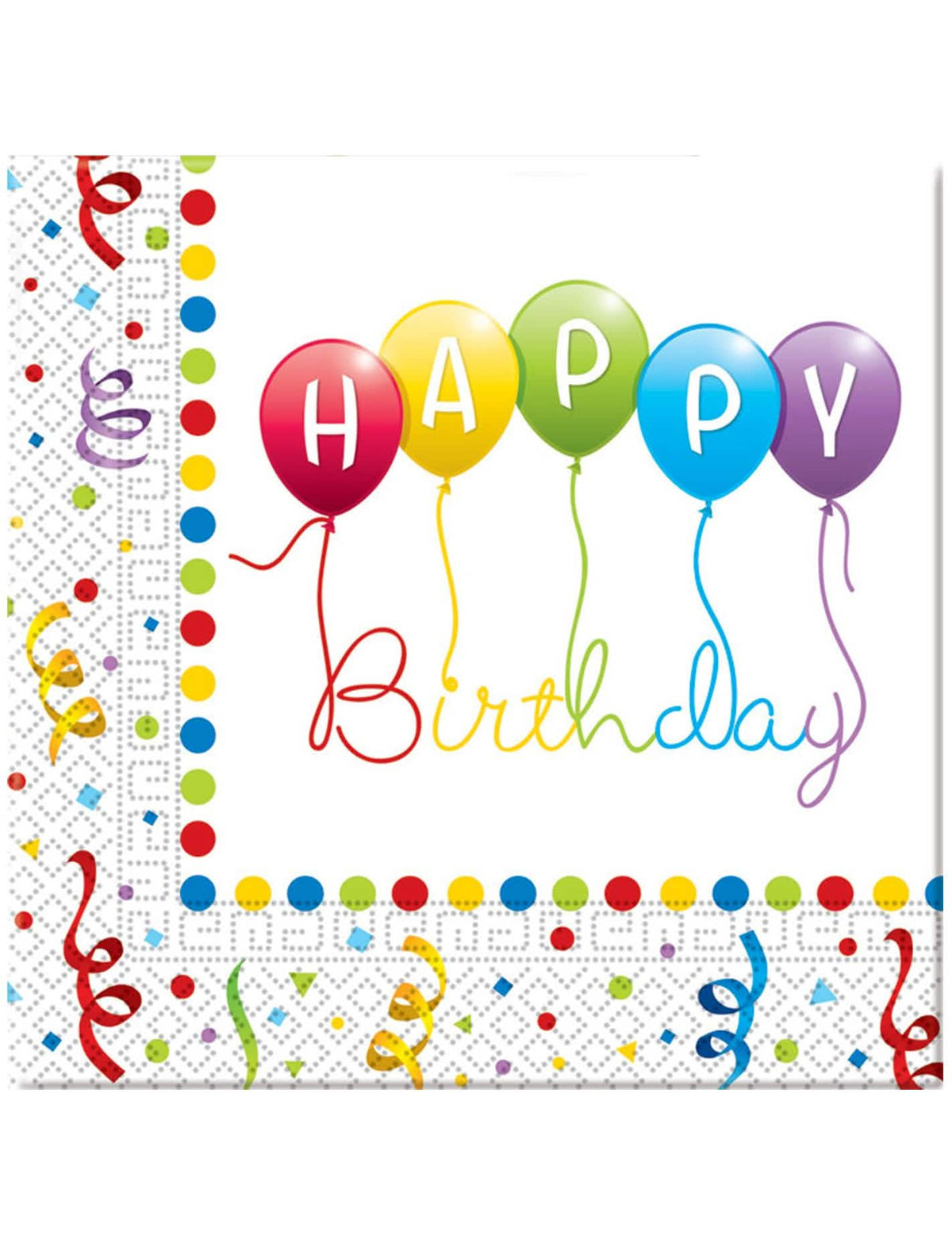 papierové obrúsky Happy Birthday na sviatočnú výzdobu v multicoloroch s balónmi a serpentínami