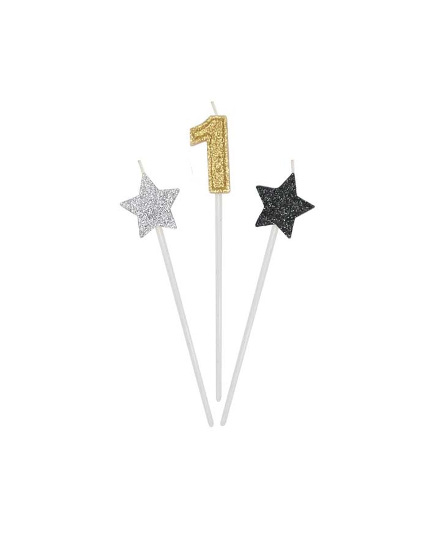 3 narodeninové sviečky zlaté, strieborné a čierne 16 cm