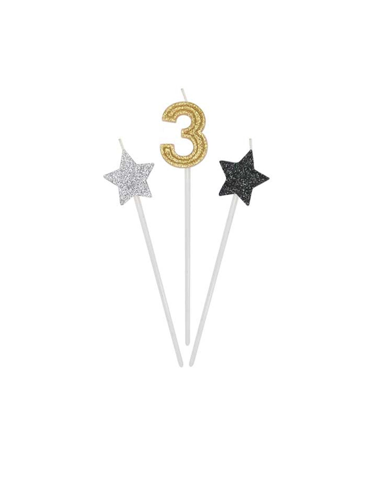 3 narodeninové sviečky zlaté, strieborné a čierne 16 cm