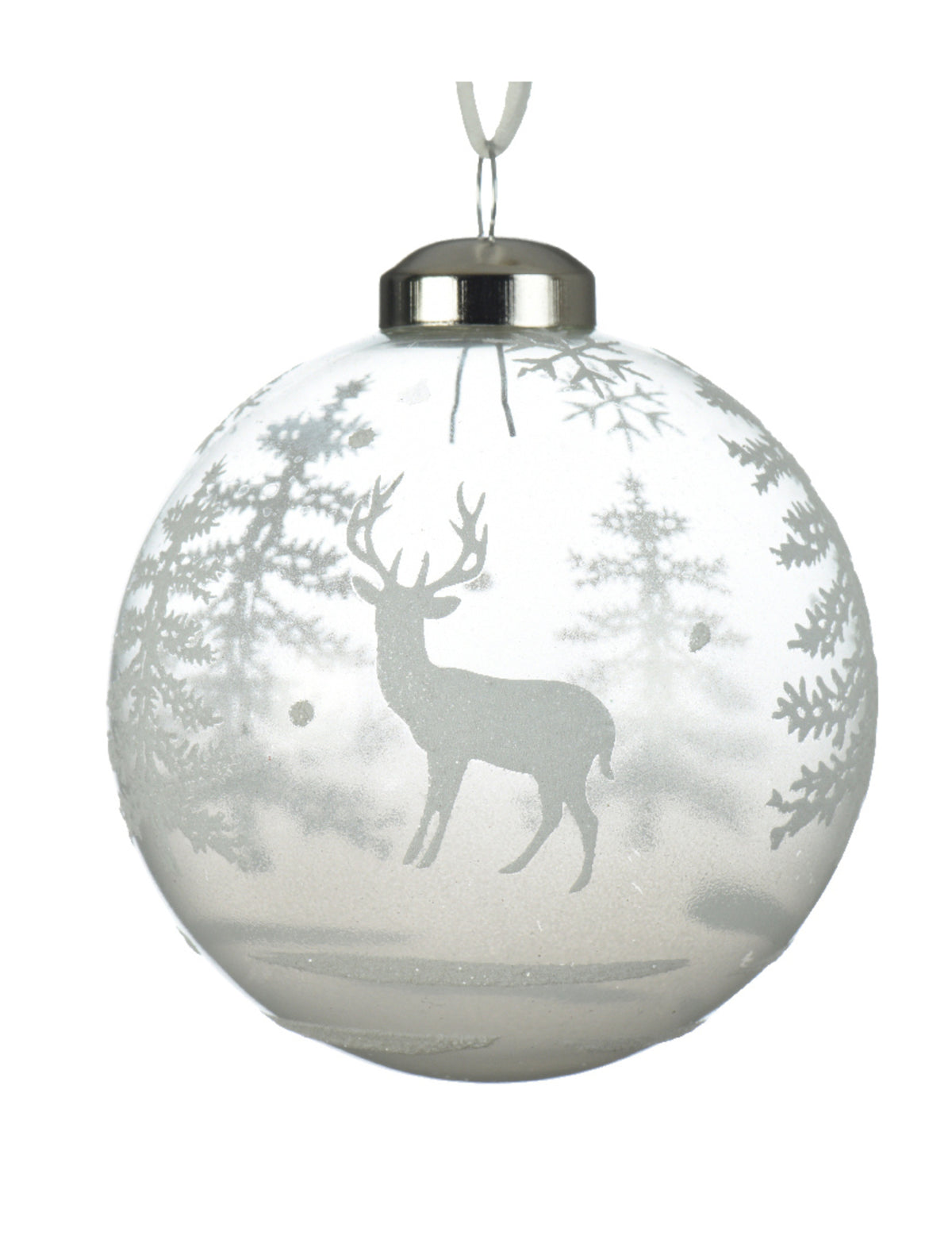 Boule en verre avec motifs enneigés pour sapin transparente et blanche