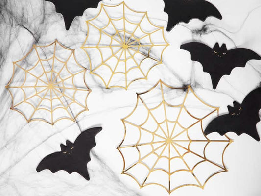 Mise en scène des décorations en papier toiles d'araignées pour Halloween dorées métallisées