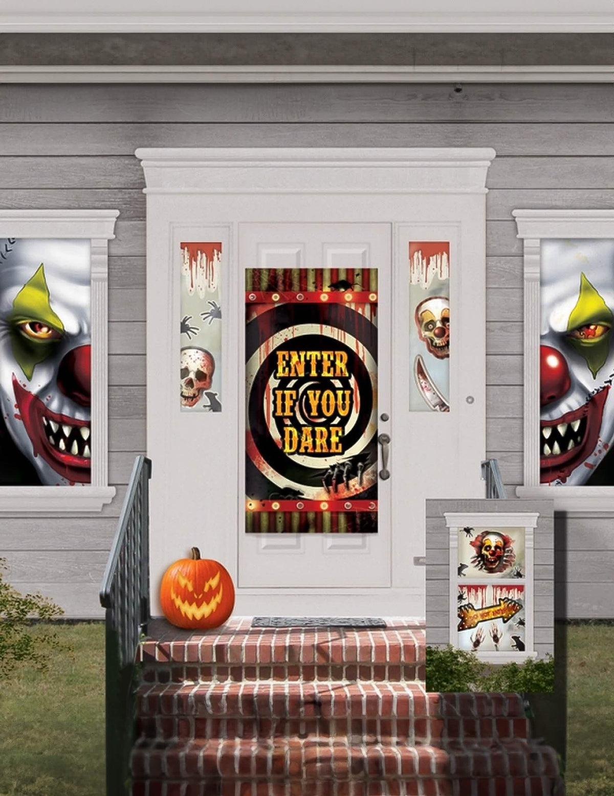 Domáce halloweenske dekorácie klauna na párty viacfarebné s plagátmi a zakrvavenými nálepkami