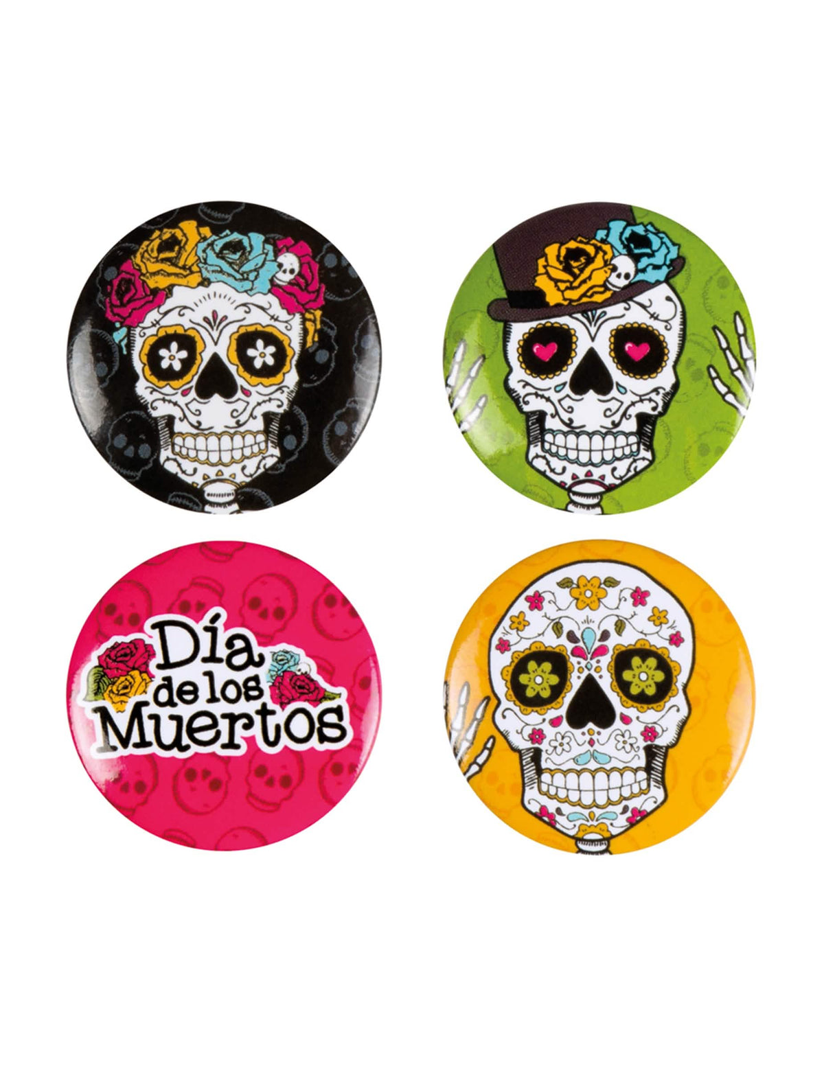 Súprava 4 odznakov Dia de los muertos pre dospelého viacfarebných s mexickými lebkami