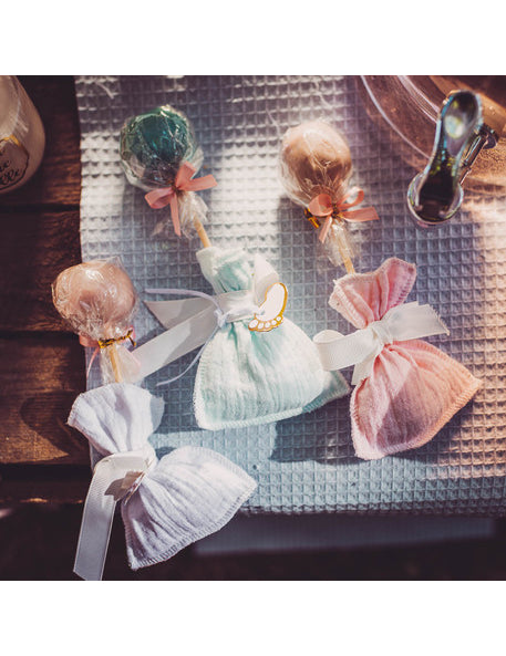 4 malé biele bavlnené gázové vrecká, 8 x 10 cm so stuhou