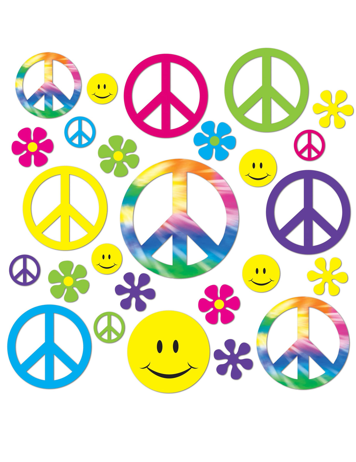 Décorations cartonnées hippie pour fête multicolores avec peace, smileys et fleurs