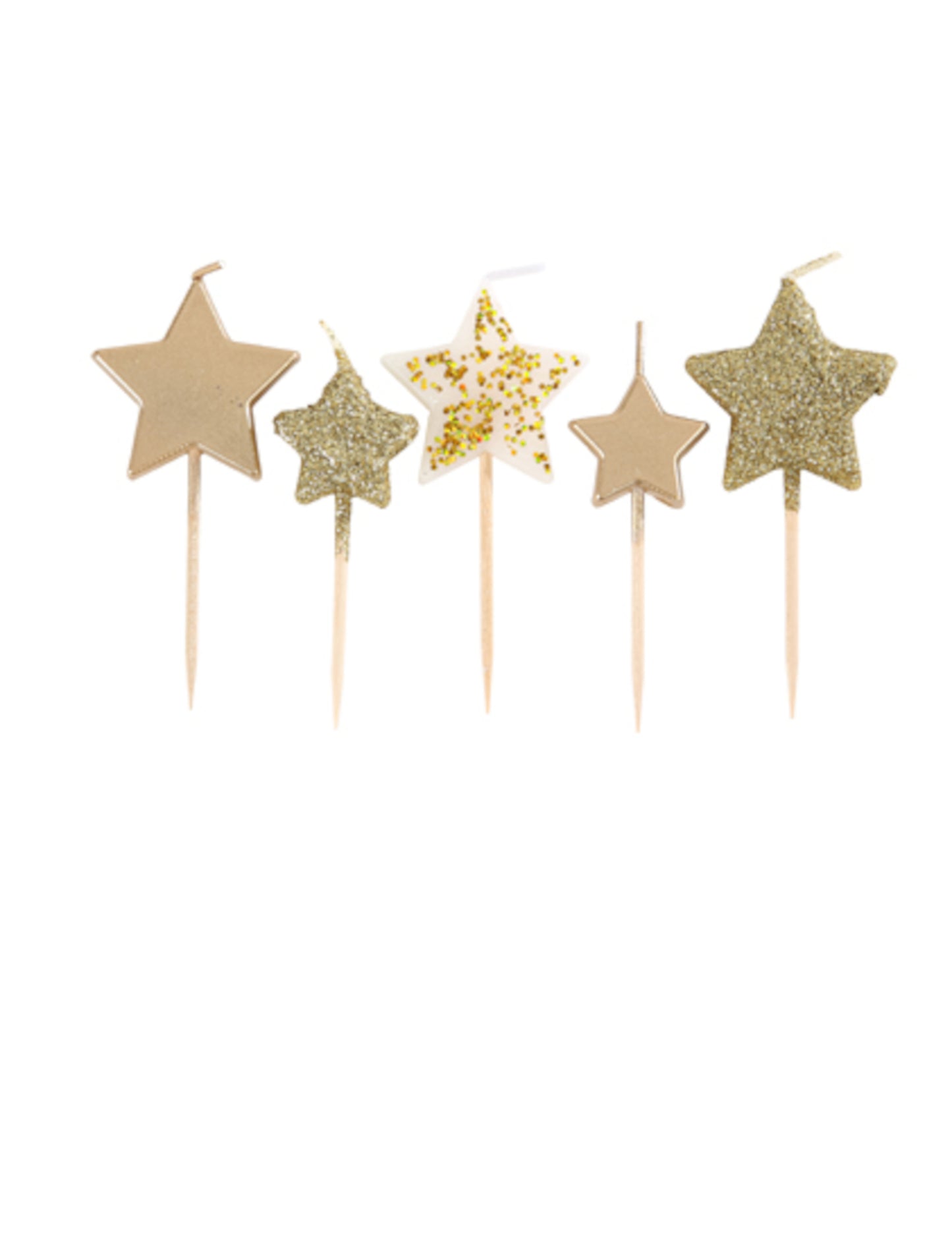 5 sviečok v tvare hviezdy na zlatom gradiente, výber 7 cm flitrovaný