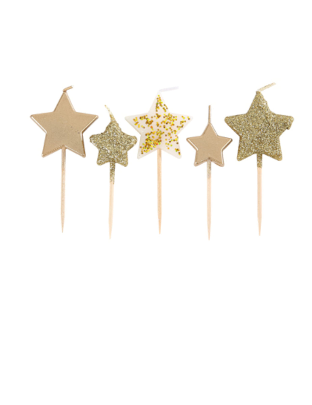 5 bougies étoiles sur pic dégradé doré pour fête à paillettes