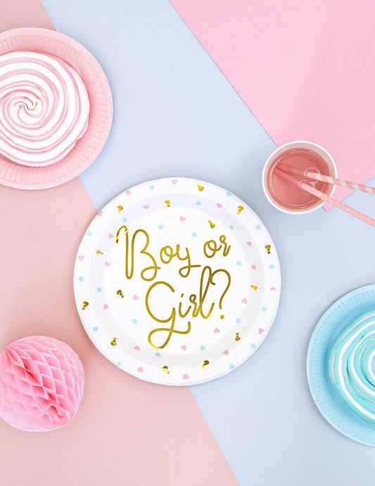 Mise en scène des assiettes en carton Boy or Girl pour baby shower