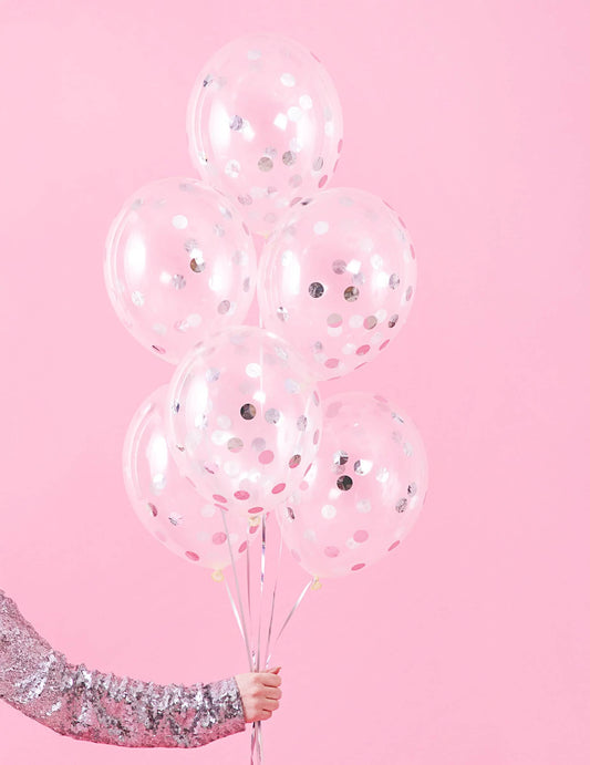Grappe de ballons transparents confettis argentés pour fête