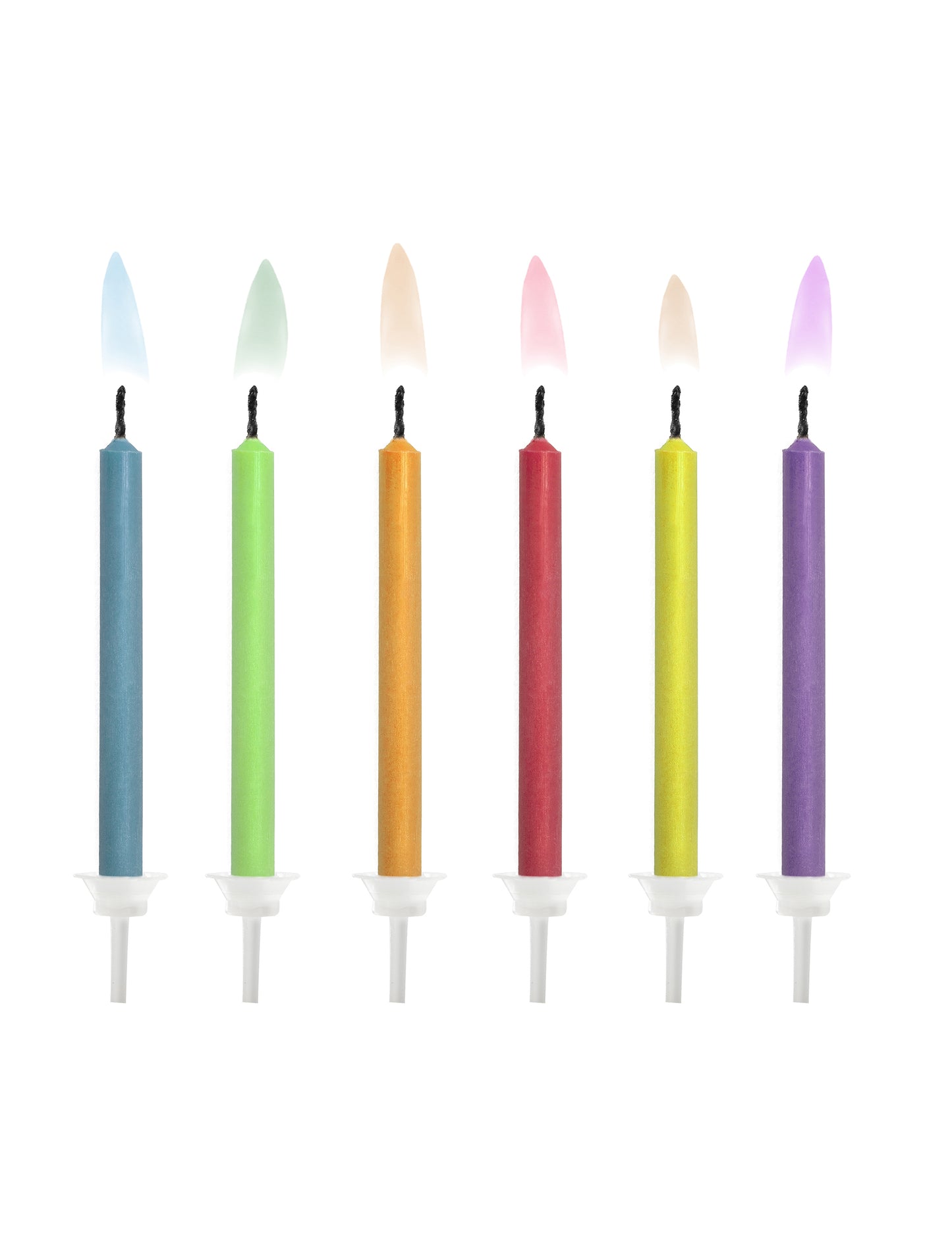 6 bougies d'anniversaire à flamme colorée pour gâteau multicolores avec supports