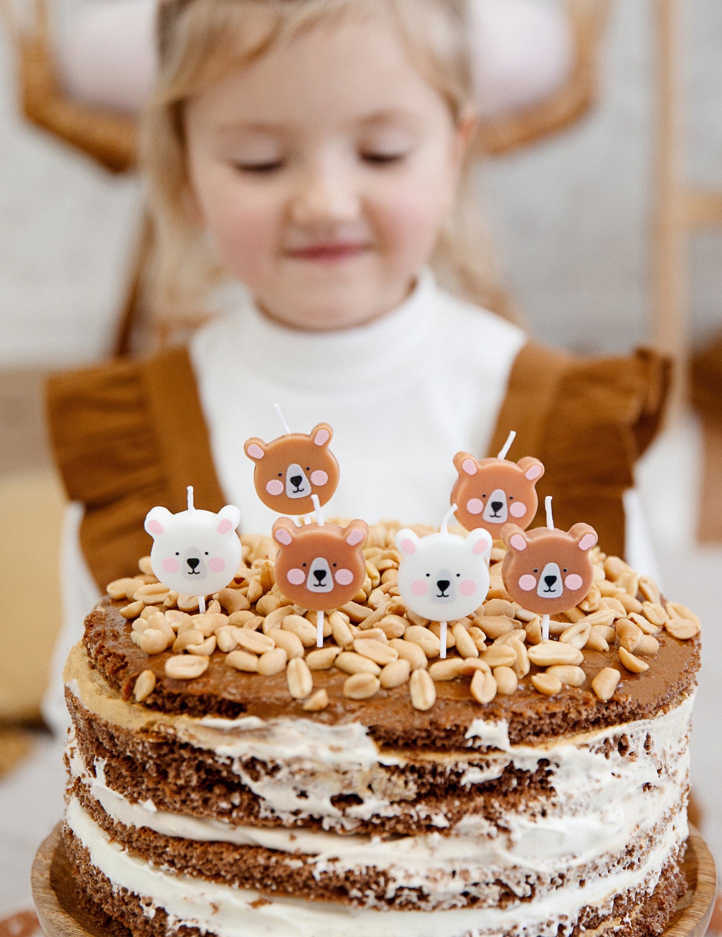 6 narodeninových sviečok malé hnedé a biele medveď 3 cm