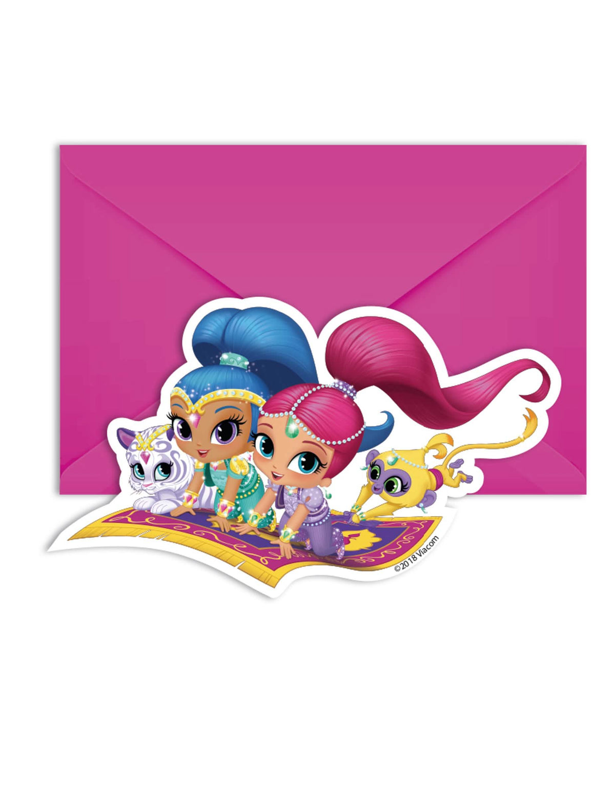 Pozvánky a obálky Shimmer and Shine pre dieťa ružová s postavičkami na lietajúcom koberci