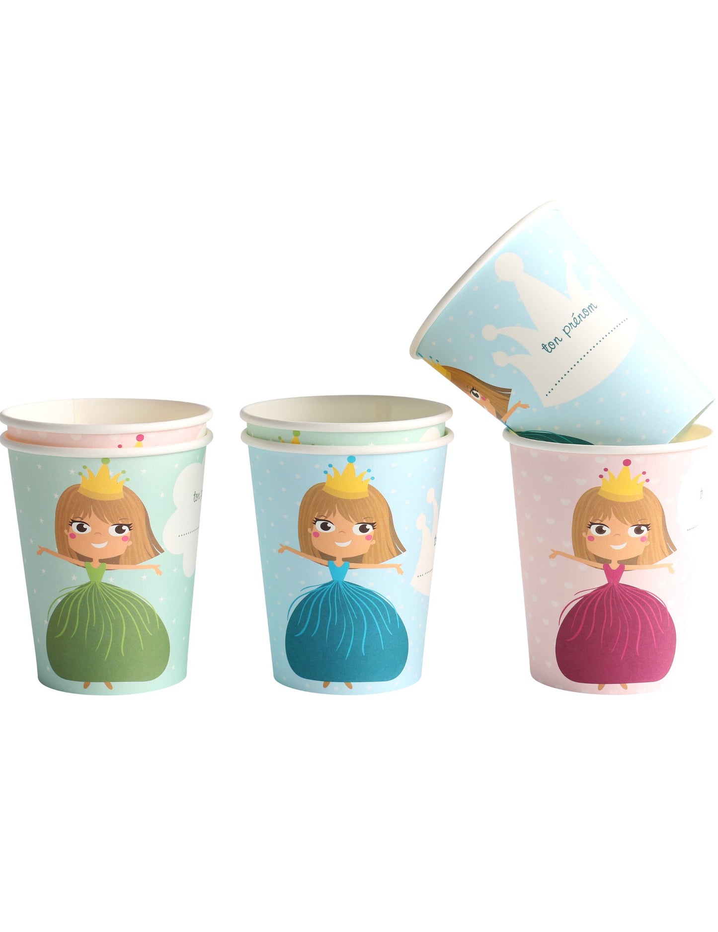Gobelets en carton Princesse pour enfant vert bleu et rose avec espace pour prénom