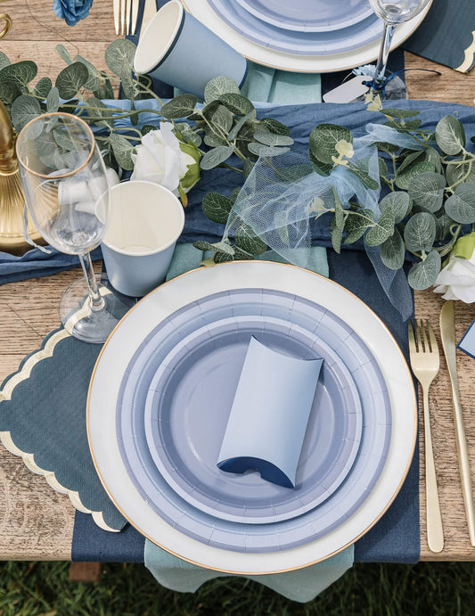 Mise en situation sur une table des petites assiettes en carton de fête bleu marine et bleu orage