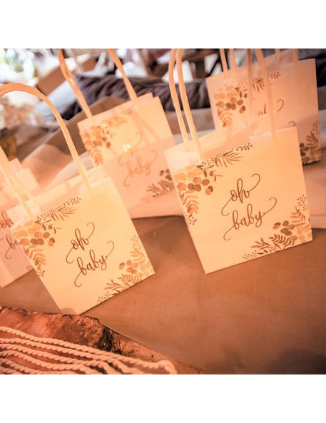 6 eukalyptových darčekových vrecúšok Oh Baby so zlatým fóliovým lemom, 10 x 18 x 5 cm cm s rukoväťami