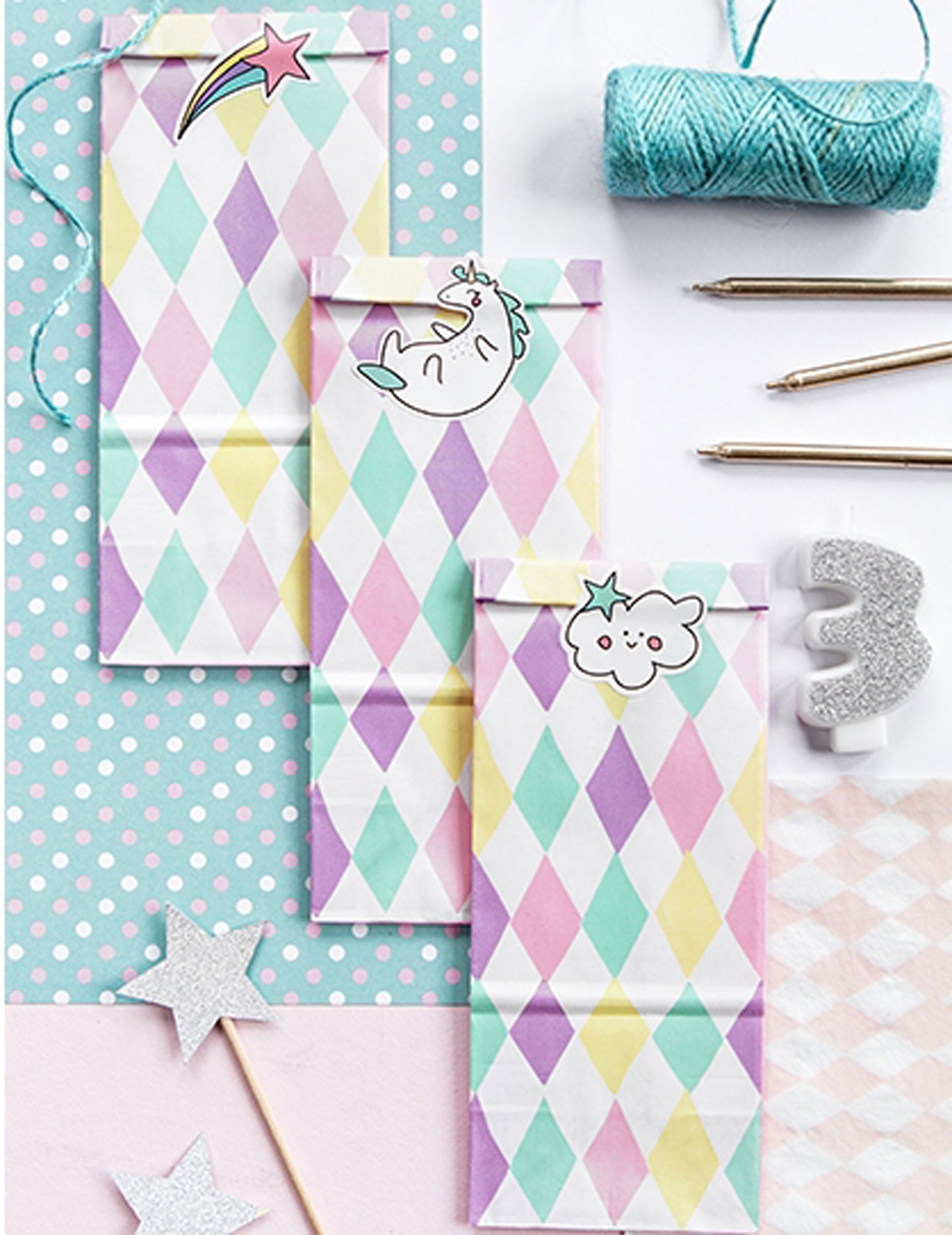 6 darčekových tašiek z pastelového papiera s jednorožcom, 8 x 18 x 6 cm