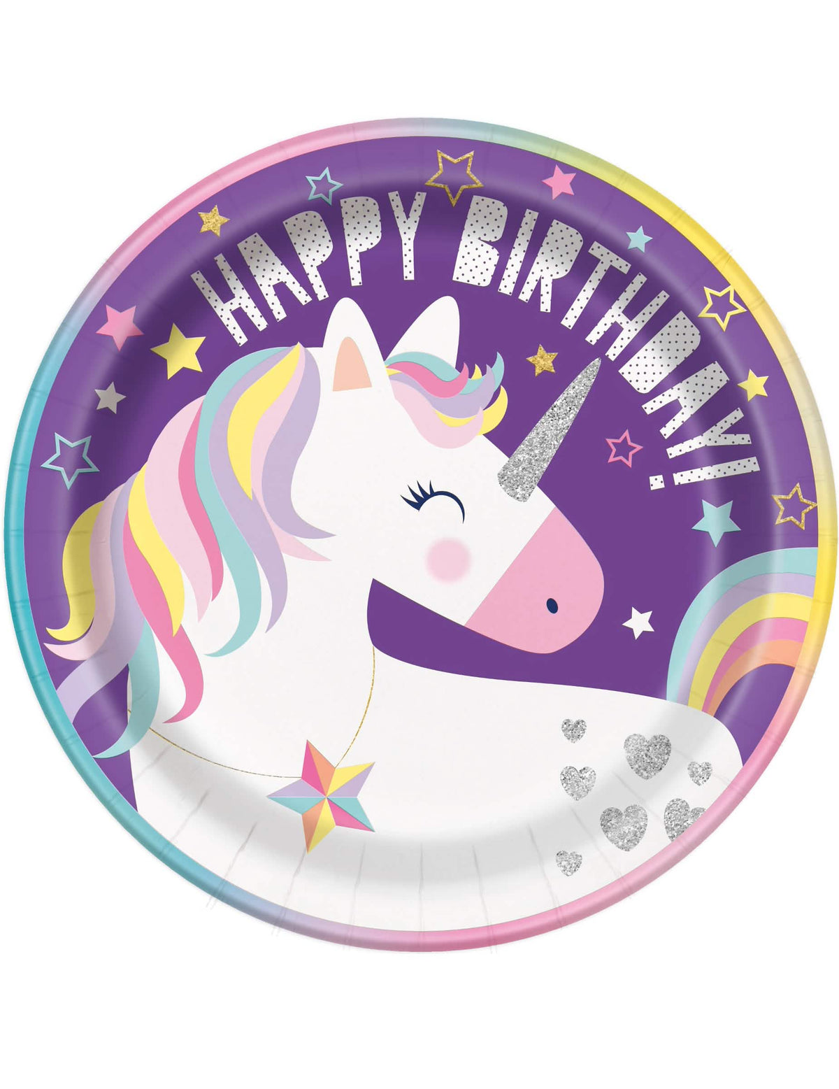 Kartónové taniere Happy Birthday jednorožce party na narodeniny dievčaťa fialové s trblietavými detailmi