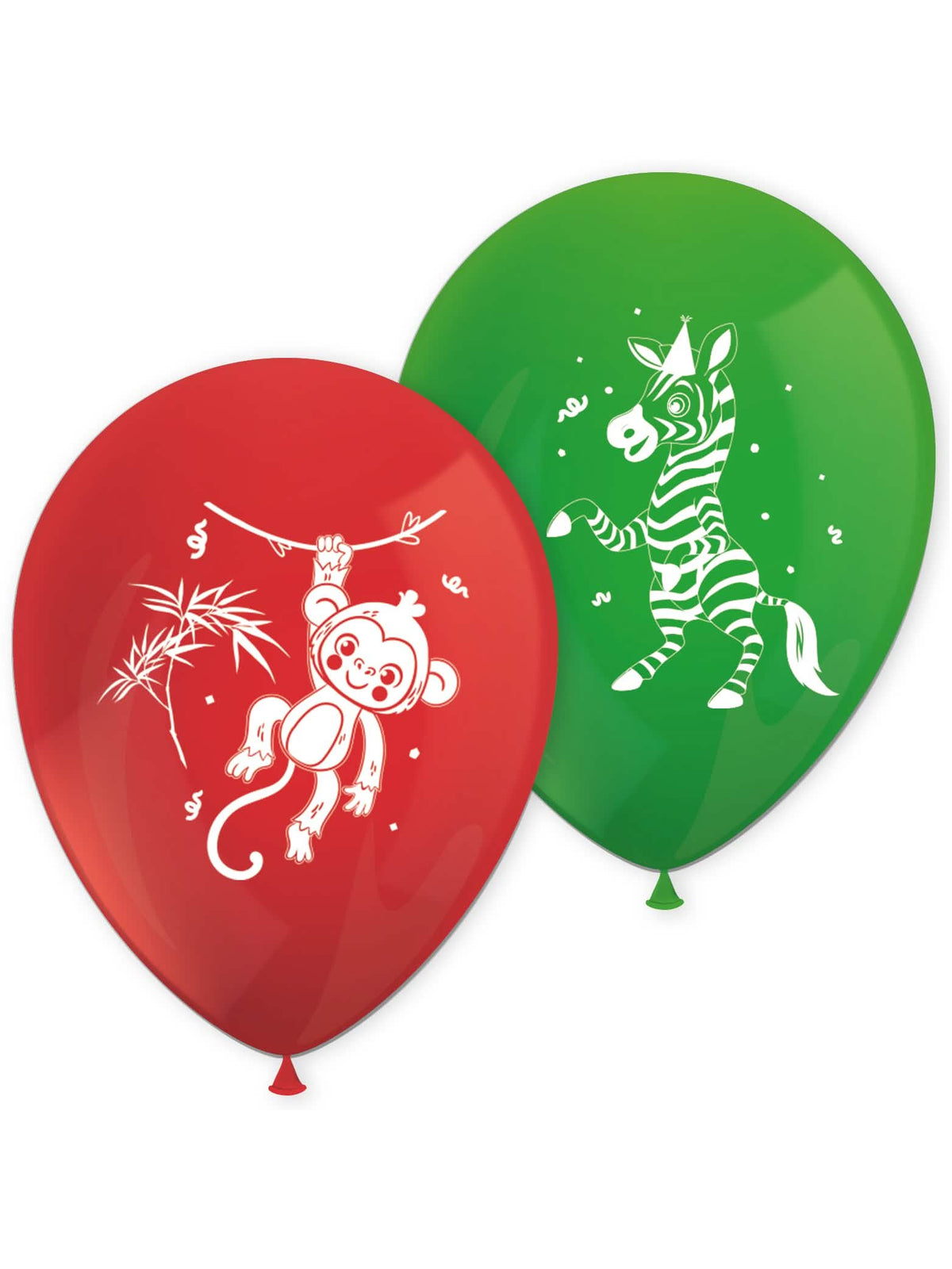 Ballons en latex jungle singe et zèbre pour fête rouges et verts