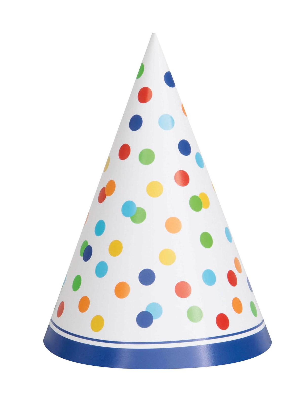Narodeninový párty klobúk Happy Birthday s farebnými bodkami biela a viacfarebné z kartónu s elastickou gumičkou