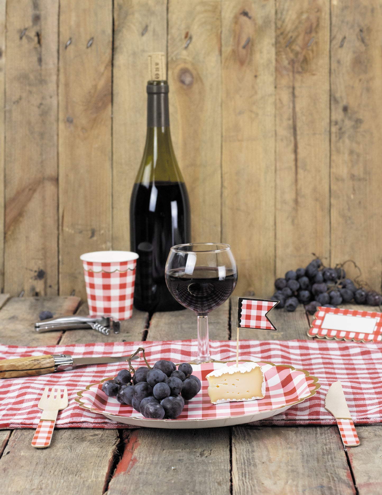 8 drevených nožov v ginghamovej a zlatej farbe, 16,5 cm štýl guinguette