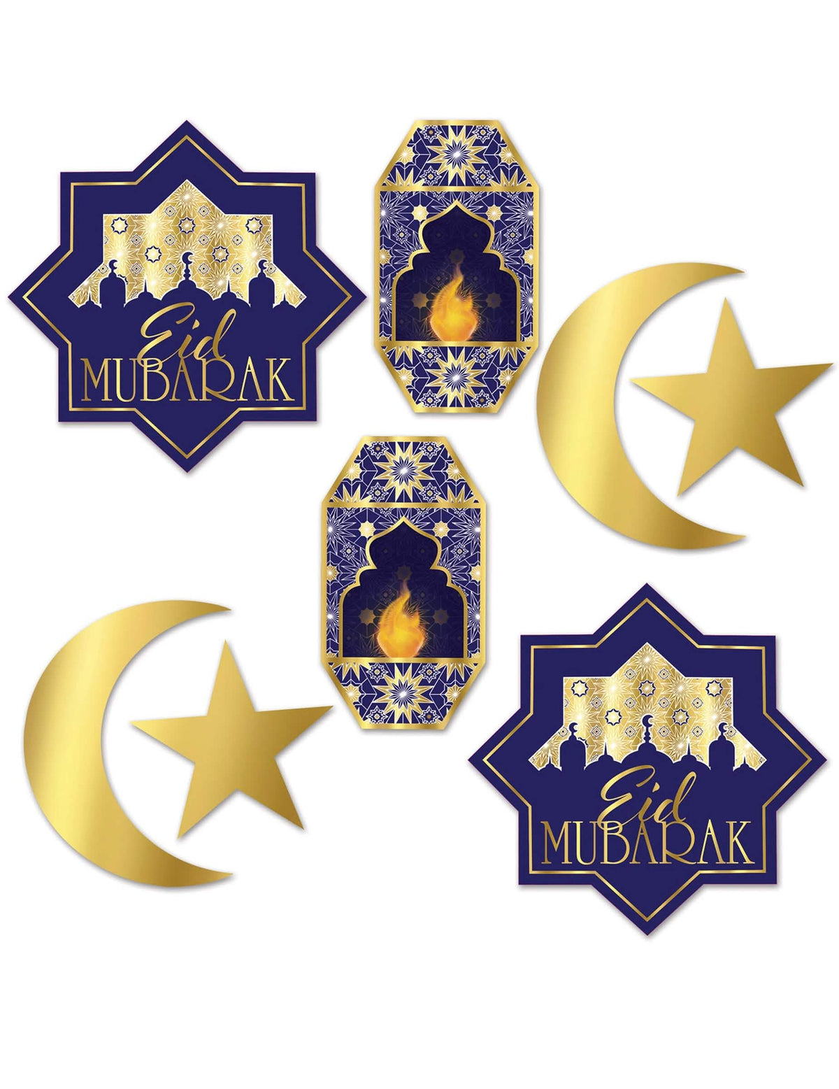 Kartónové dekorácie na sviatok Aïd Mubarak modré a zlatá s mesiacmi a lampášmi