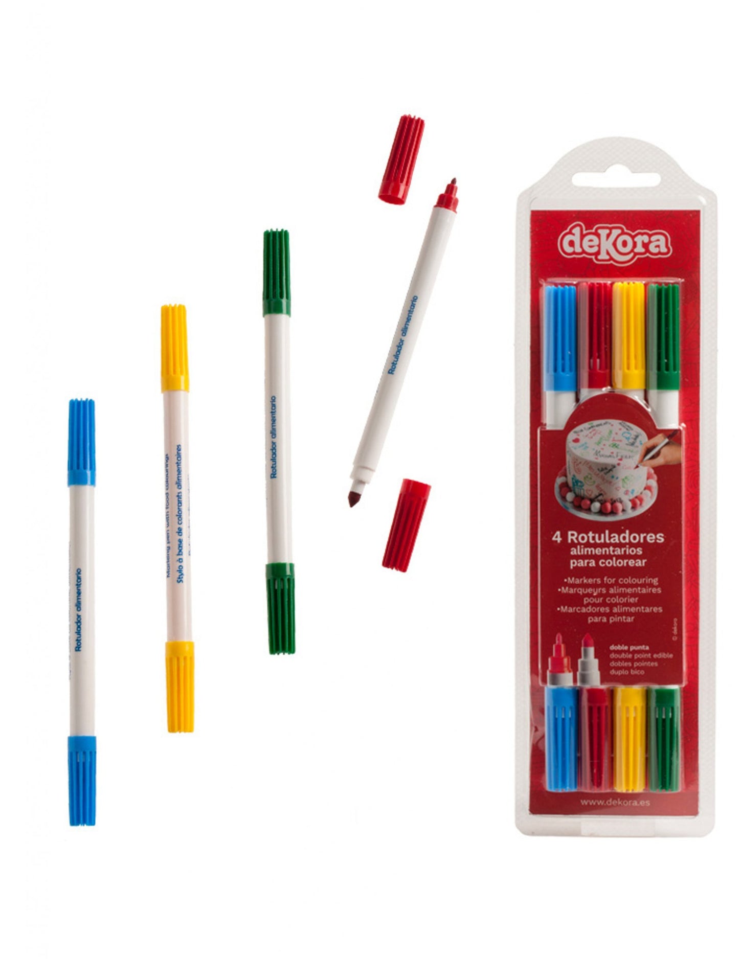 4 jedlé fixy na pečenie na dekoráciu modrá, žltá, zelená a červená