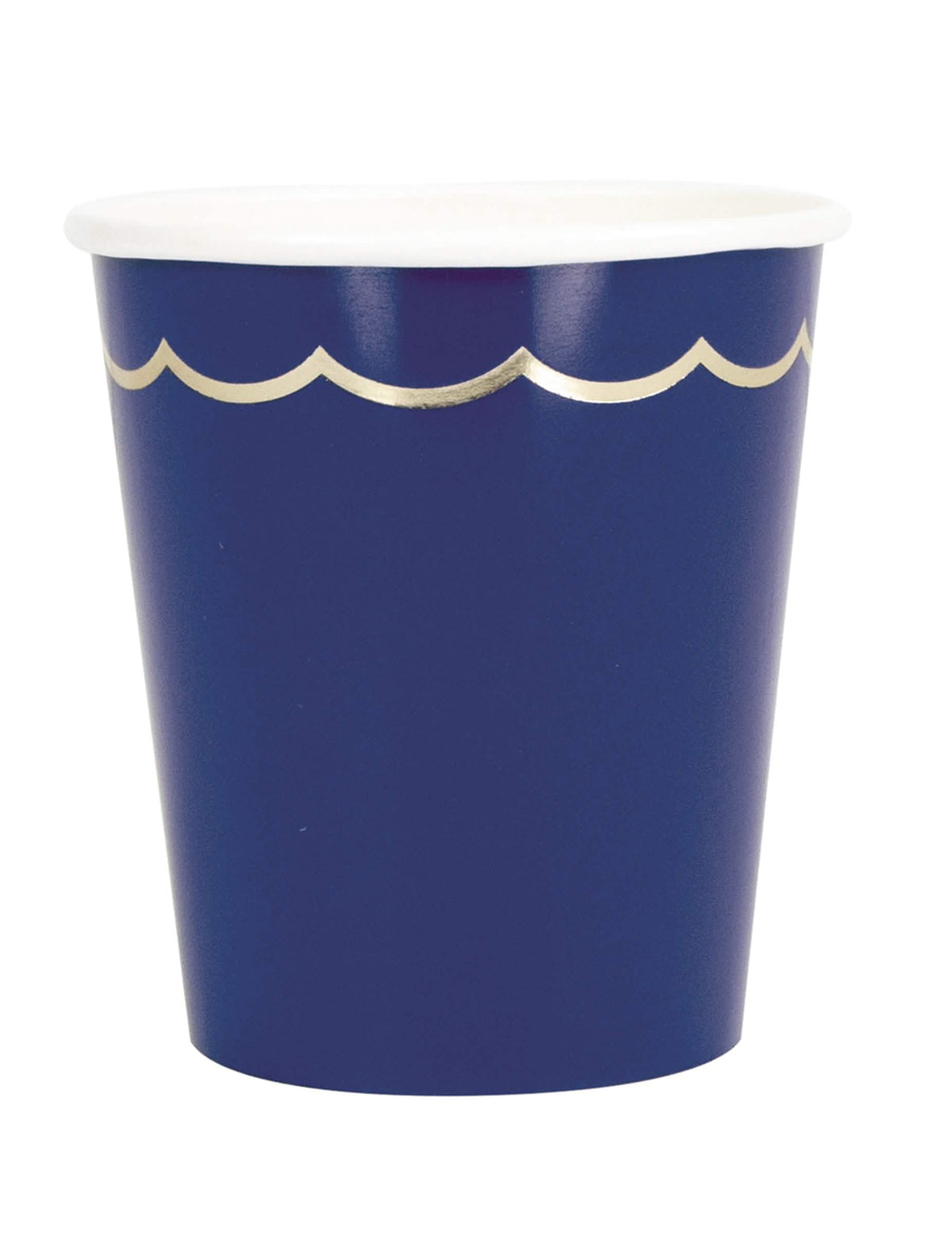 Gobelets en carton festonnés chic pour fête bleu marine et or