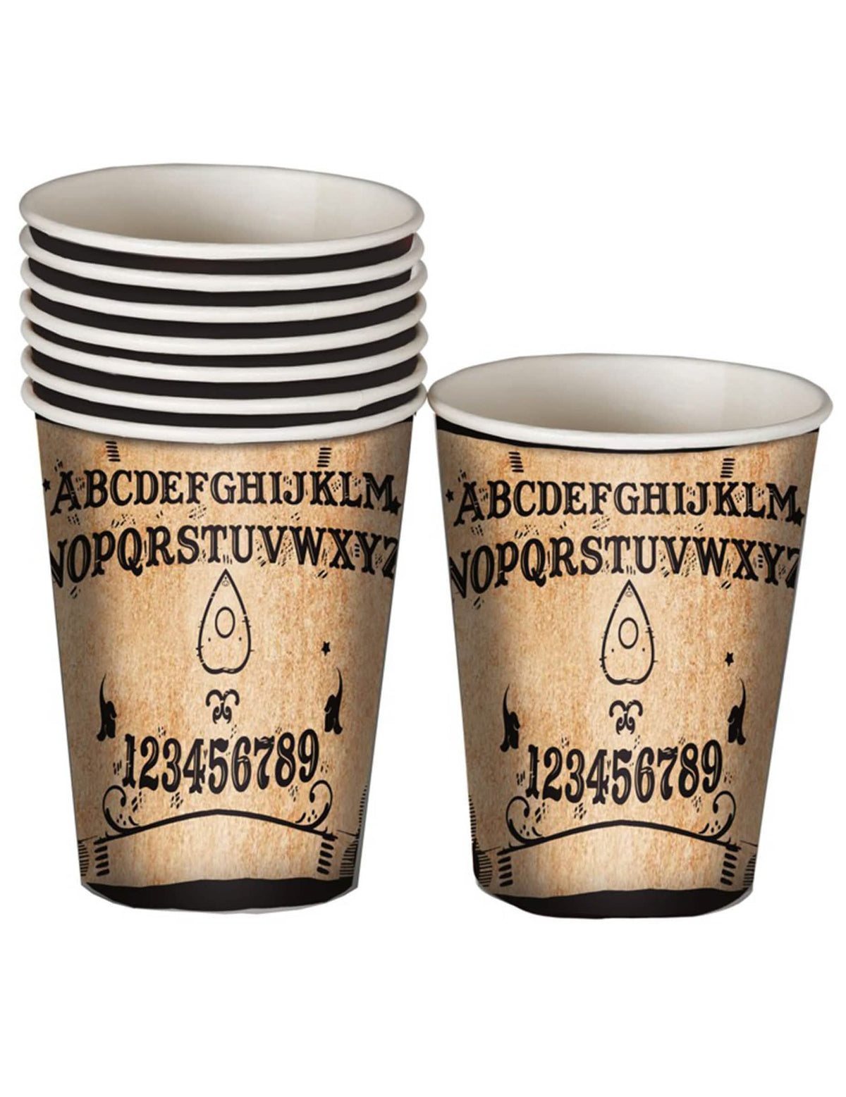 Papierové poháre Ouija na párty béžová a čierna vzhľad starého pergamenu
