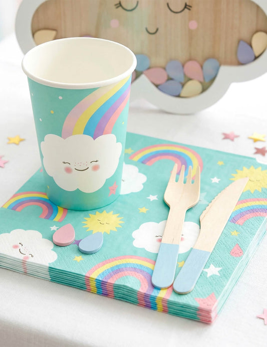 Gobelets en carton petit nuage pour fête d'enfant bleu turquoise et arc-en-ciel