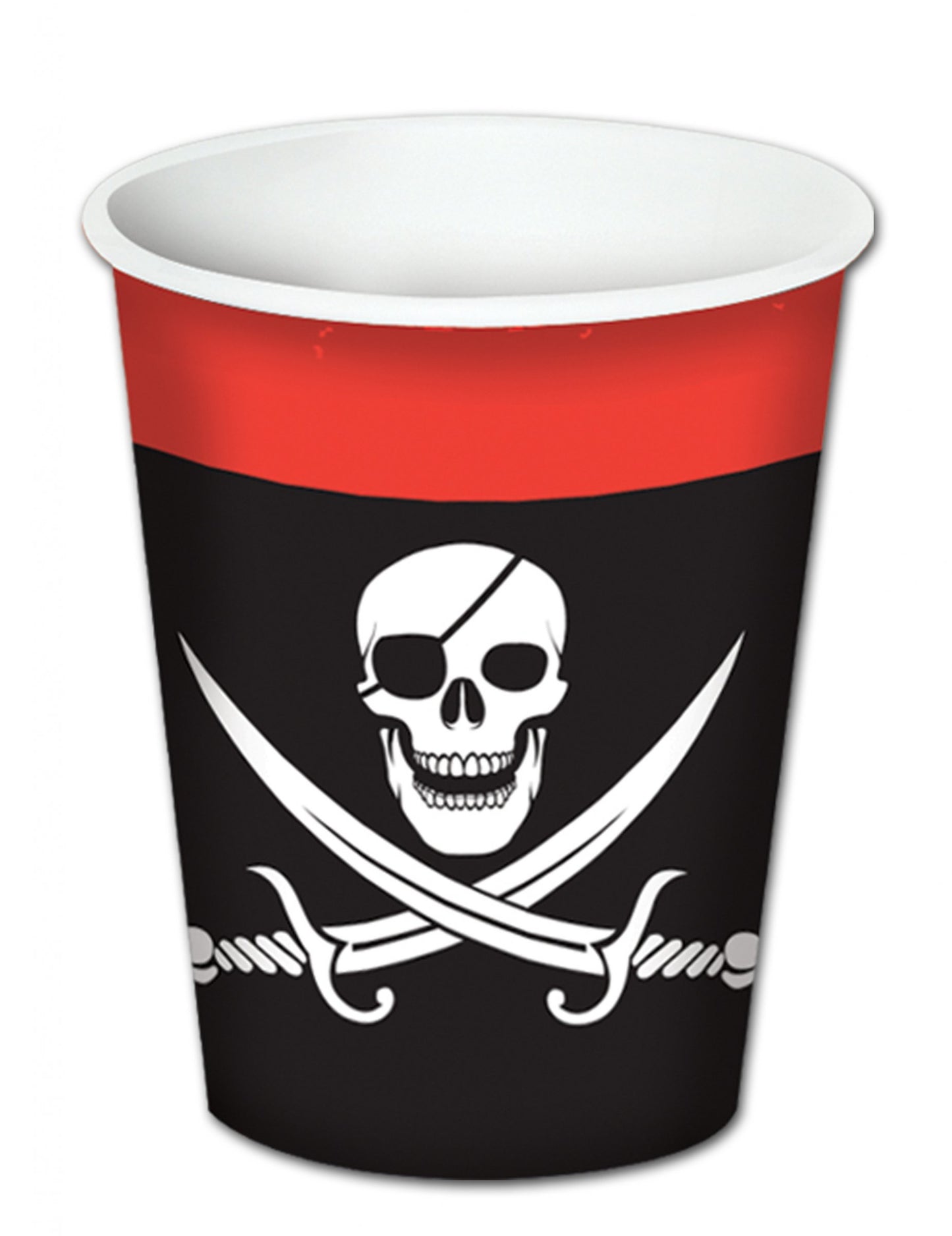 Papierové poháre s pirátskou tematikou na čierno-červenú párty s lebkou a šabľami