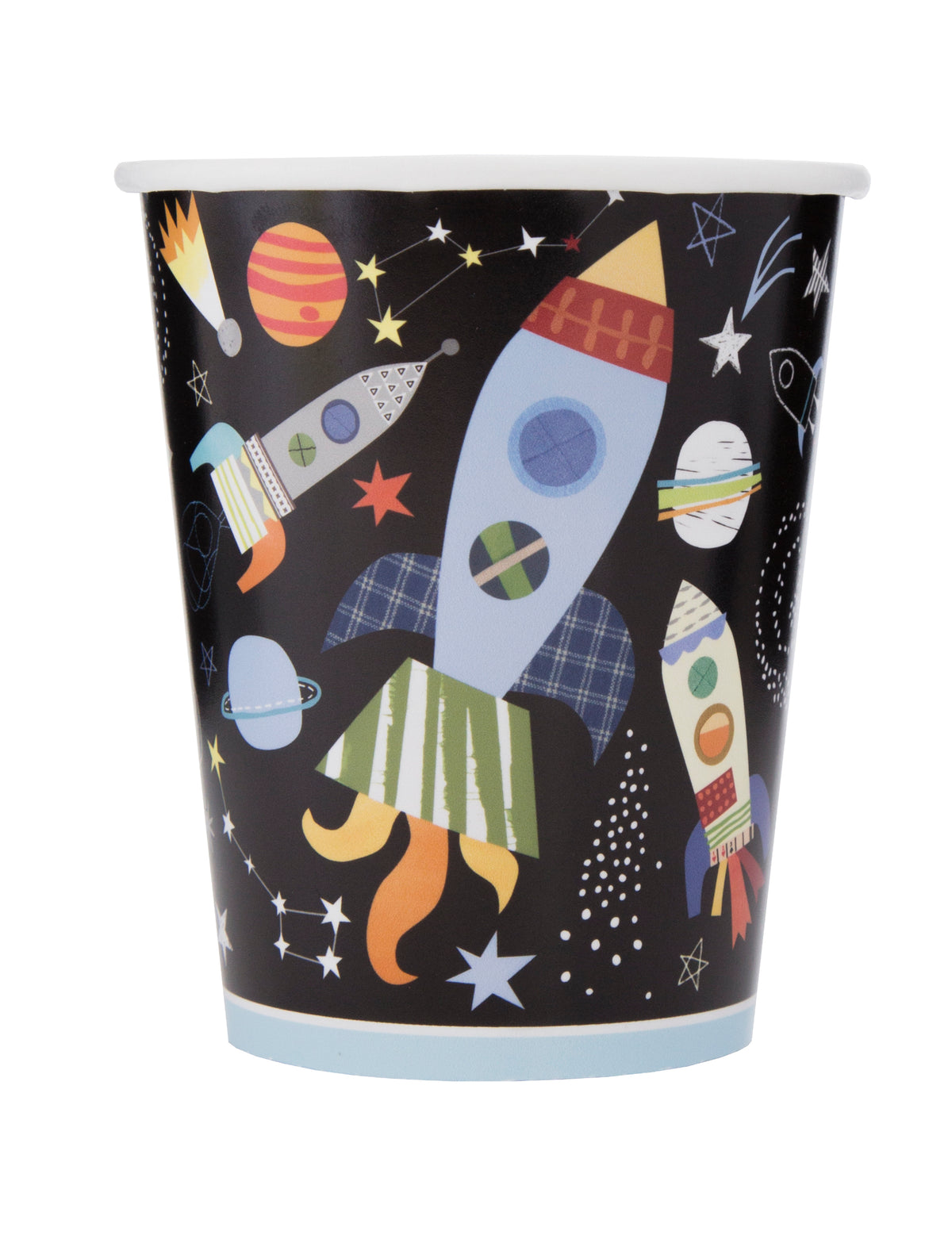 Gobelet en carton univers pour enfant noir avec fusées et planètes colorées