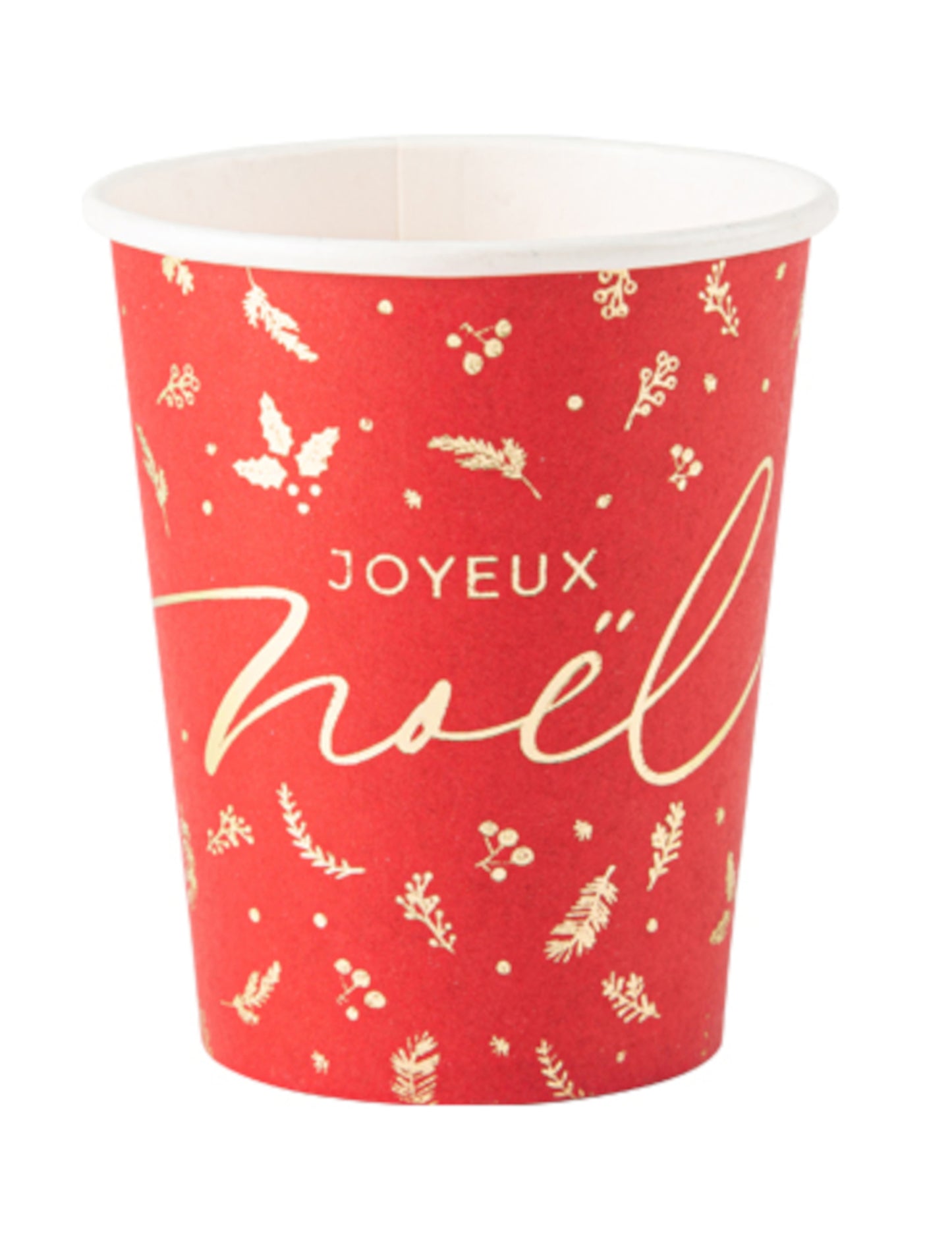 8 červených a zlatých kartónových pohárov Holly Christmas s objemom 255 ml, Veselé Vianoce