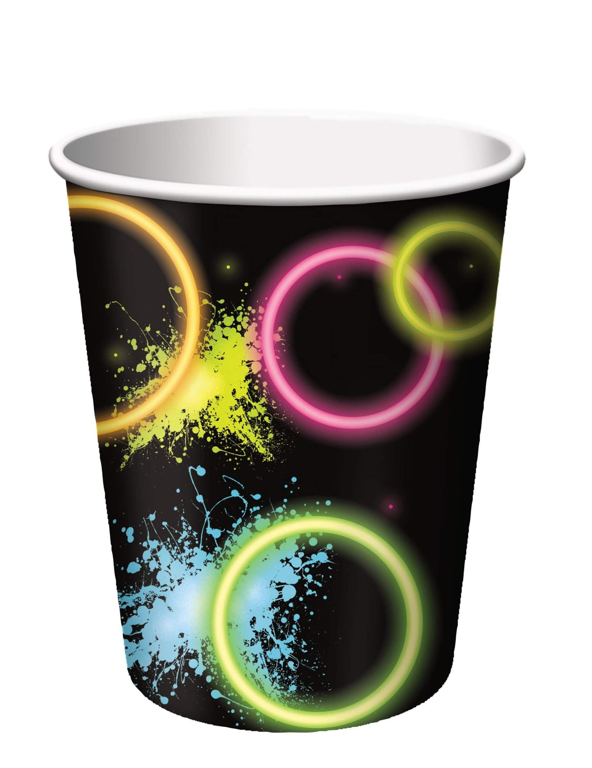Kartónové poháre Glow Party na párty čierna s farebnými neónovými motívmi