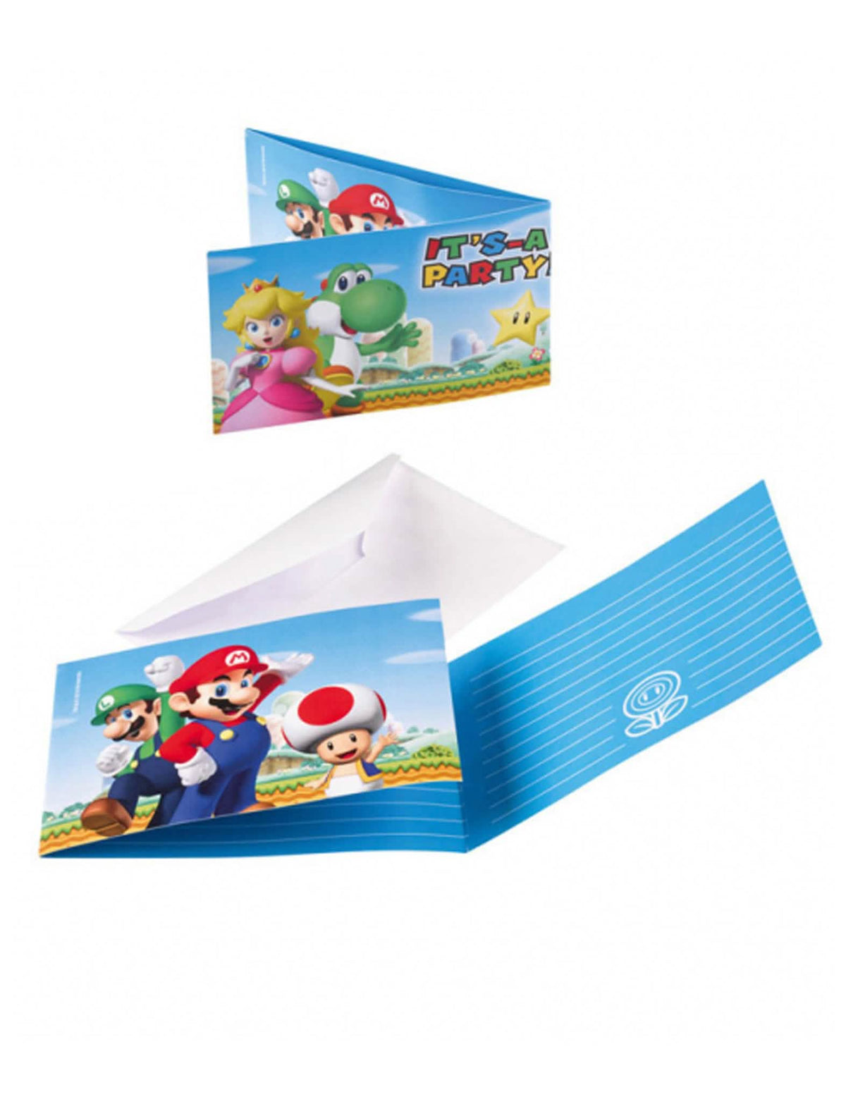 Pozvánky a obálky Super Mario pre dieťa modré s postavičkami a bielymi obálkami