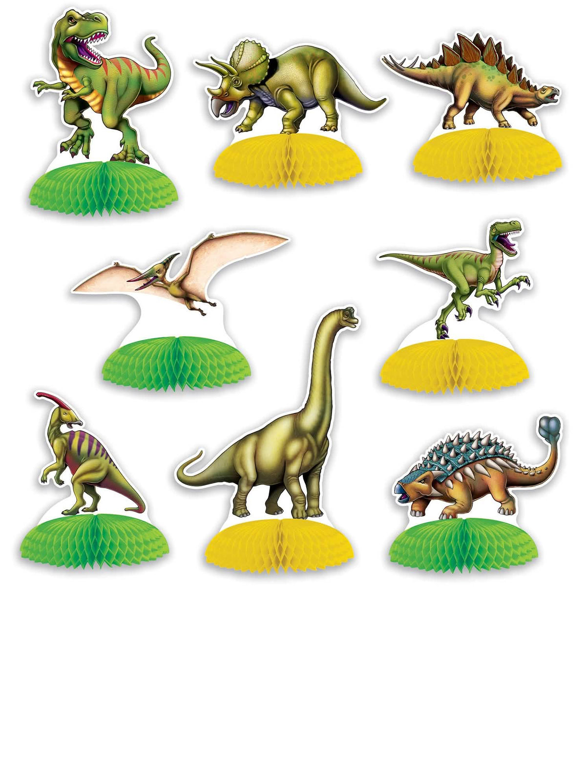 8 mini stredových dekorácií Dinosaures pre dieťa zelené a žlté