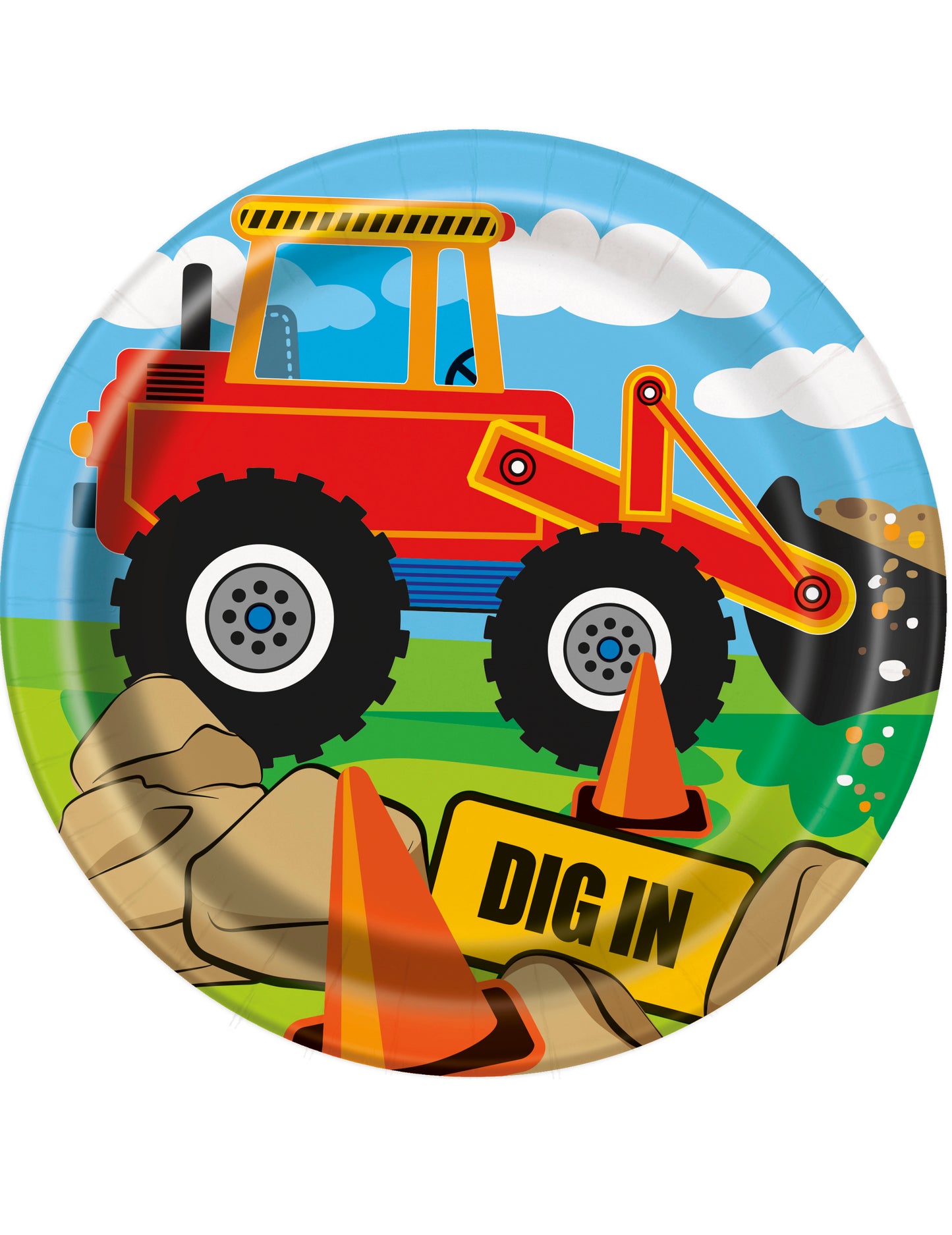 Assiettes en carton chantier pour enfant avec illustration de tractopelle rouge