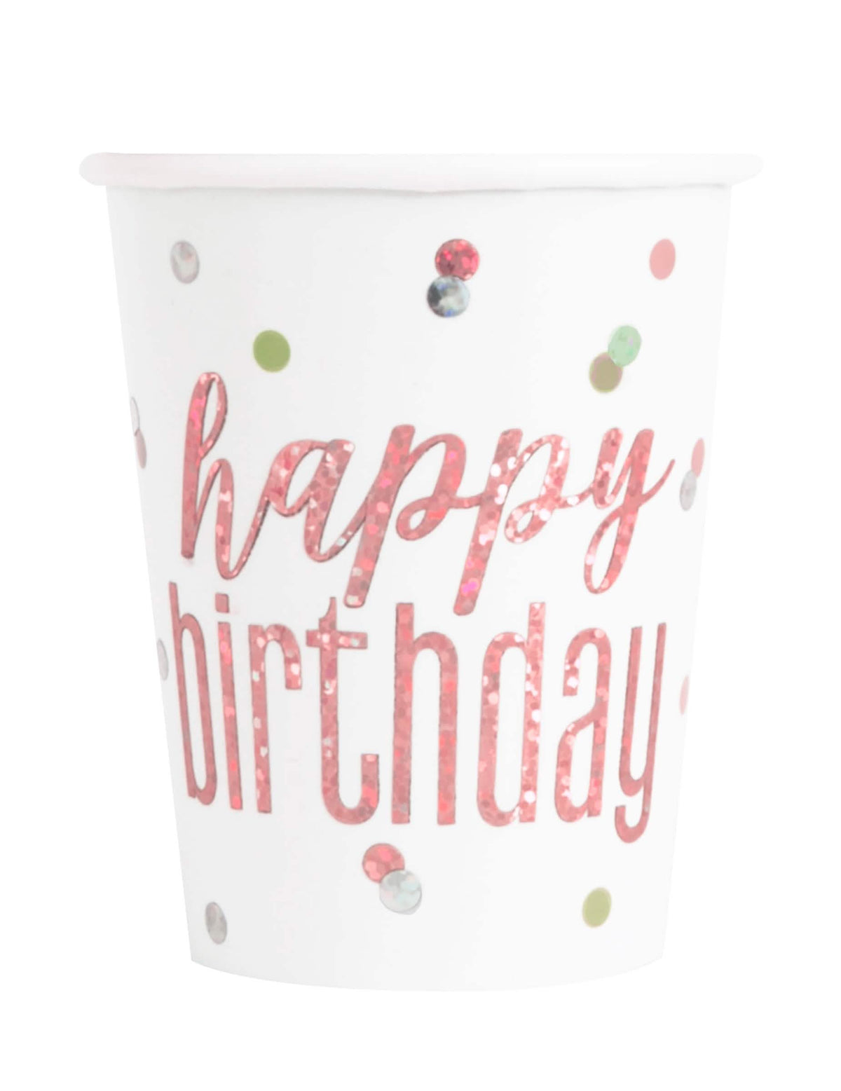 Papierové poháre Happy Birthday na narodeniny biele a ružové trblietavé s bodkami